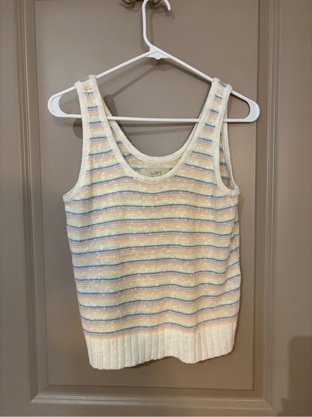LOFT Cream Striped Knit Tank Top with Pastel Accents